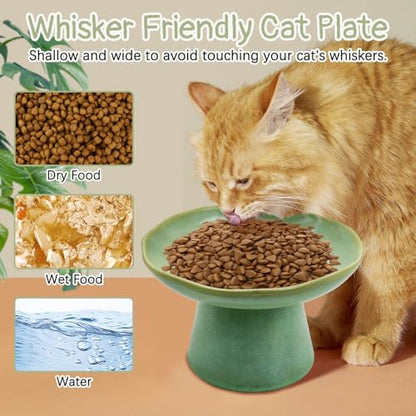 VCEPJH Raised Cat Food Bowls Shallow Cat Plate Ceramic Elevated Cats Dish 6.1in Flat Anti Whisker Fatigue Wide Pet Food & Water Feeder for Indoor Kitty Kitten (Green) - color: green