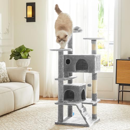 54 Inch Cat Tree, Multi-Level Cat Tower with Condo, Sisal Scratching Posts and Climbing Ladder, Play Toy Balls House for Indoor Cats, Light Grey - color: Light Grey, size: 53.95IN