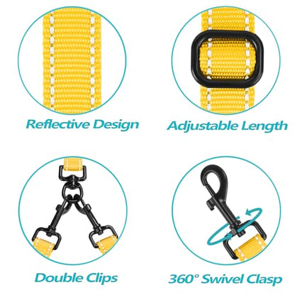 Double Dog Leash, No Tangle Dual Leash, Reflective Walking Training Lead, 4 Comfortable Padded Handles for 2 Dogs with Collapsible Bowl and Waste Bags (Yellow, Large) - color: Yellow