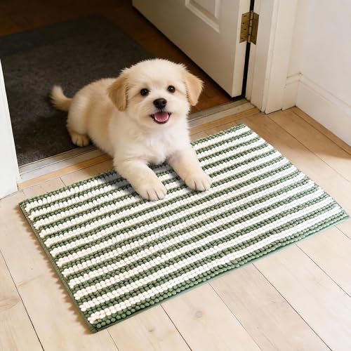 Dog Door Mat for Muddy Paws - Absorbent Quick-Dry Non-Slip Washable Chenille Pet Rug, Indoor Entryway Mat for Front Door & Crate (Green, 24" L*16" W) - color: Green, size: 24"L*16"W