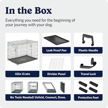 MidWest Homes for Pets 42-Inch iCrate for Large Breeds, 71-90 lbs, Single Door Folding Dog Crate with Divider Panel, Leak-Proof Tray & Secure Latch, Portable, Durable & Easy to Assemble - size: 42.0"L x 28.0"W x 30.0"H