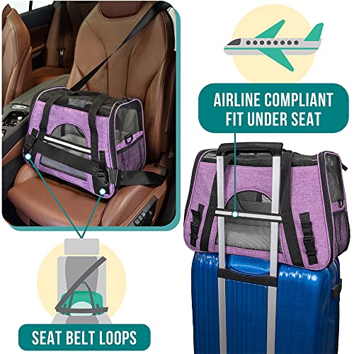 PetAmi Airline Approved Pet Carrier for Cats & Small Dogs, Soft Sided TSA Travel Carrier Bag with Sherpa Bed, Breathable Mesh Ventilation, Collapsible Bowl, Up to 18 lbs, Large Heather Purple - color: Heather Purple, size: Large - 19.5"L x 10.2"W x 12"H