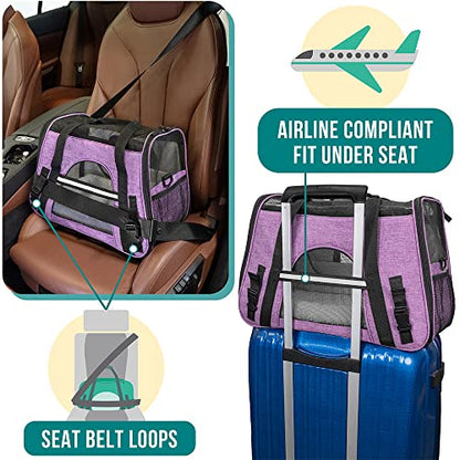 PetAmi Airline Approved Pet Carrier for Cats & Small Dogs, Soft Sided TSA Travel Carrier Bag with Sherpa Bed, Breathable Mesh Ventilation, Collapsible Bowl, Up to 18 lbs, Large Heather Purple - color: Heather Purple, size: Large - 19.5"L x 10.2"W x 12"H