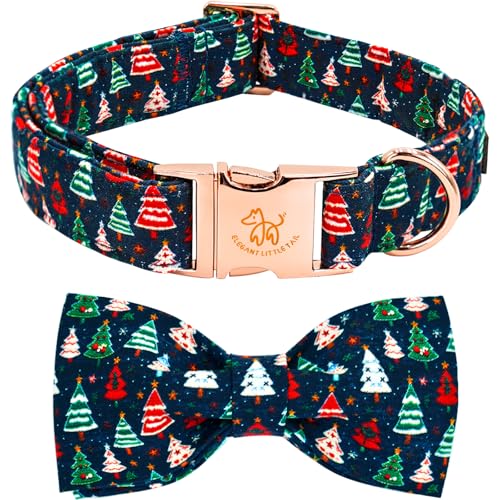 Elegant little tail Christmas Dog Collar, Christmas Tree Pet Collars Bow Red Metal Buckle Collar Puppy Girl Boy Holiday Cotton Soft Bowtie Adjustable Dog Collar for X-Small Dogs - color: Christmas Tree, size: X-Small (Pack of 1)