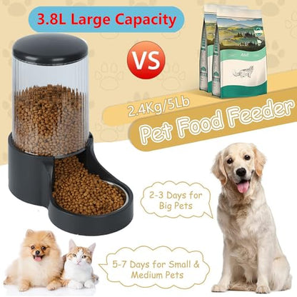 Automatic Cat Feeder, 3.8L Large Gravity Cat Food Dispenser with Detachable Top Lid, Visible Bottle and Stainless Steel Bowl for Pets (Black) - color: Black
