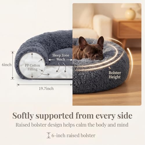 Small Calming Dogs Bed for Small Dogs Anti-Anxiety Machine Washable Fluffy Luxury Anti-Slip Waterproof Mute Base Warming Cozy Soft Pet Puppy Round Bed - color: Dark grey, size: 19 inches