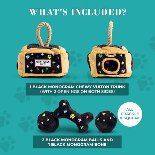 Haute Diggity Dog Chewy Vuiton Trunk Puzzle with 3 Plush Squeaky Dog Toys, Soft Durable Designer-Inspired Stuffed Puppy Chew Toys for Small & Medium Dogs, Machine-Washable (Black Monogram) One Size - color: Black Trunk, size: One Size
