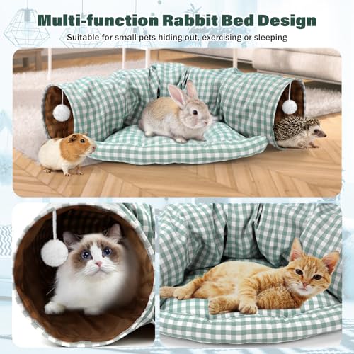 BWOGUE Bunny Tunnel Bed, 2-in-1 Collapsible Tunnel Tubes Toys with Removable Mat Hideout for Cats Kittens Rabbits Guinea Pigs Kitty (GreenPlaid) - color: GreenPlaid