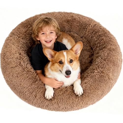 Waterproof Memory Foam Dog Beds for Large Dogs Machine Washable,Round Plush Anxiety Orthopedic Bolster Pet Bed with Removable Cover,Fluffy Donut Calming Sofa to Care Arthritis 42 Inch,Camel - color: Camel, size: 42"x42"x8"