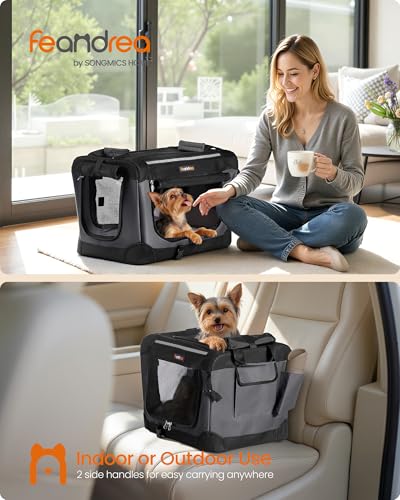 Feandrea Collapsible Dog Crate, 20-Inch Portable Dog Travel Crate for Small Dogs, Oxford Fabric Pet Carrier with 4 Mesh Doors, Handles, Storage Pocket, Water Bottle Holder, Ink Black UPDC015BH02 - size: S（20"L x 14"W x 14"H）