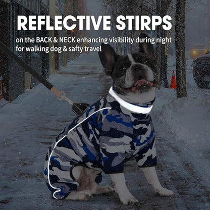 Four Legged Dog Winter Coat for Small Dogs, Warm Puppy Onesie Clothes Christmas, Reflective Turtleneck Dog Jacket with Buckles & D-Rings, Puffer Cold Weather Coat Zipper - color: Blue Camo, size: Large