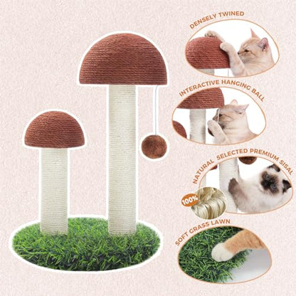 PETEPELA Cat Scratching Post, Mushroom Tall Cat Scratcher Featuring with Natural Sisal Scratching Poles and Interactive Toy Ball for Kittens and Small Cats (Brown) - color: Mushroom Brown, size: 18.9"