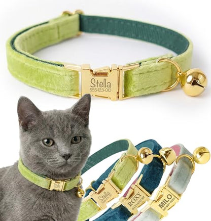 Personalized Velvet Cat Collar with Bell, Custom Engraved Name and Phone Number, Adjustable Luxury Kitten Collar, Non-Breakaway Secure ID Collar for Cats and Kittens - color: Green, size: S