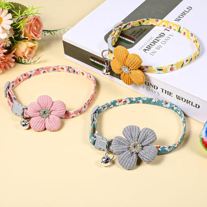 TIESOME 3Pack Small Dog Collar with Flower, Cute Puppy Collars Dog Collars for Small Dogs with Bell for Female Puppy (Peach, Yellow, Peacock Blue)