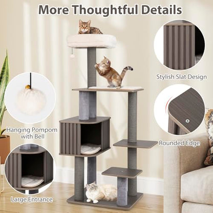 PETSITE 59.5 Inches Modern Cat Tree, Multi-Level Cat Tower with Scratching Posts, Large Condo with Removable Pad, Cushioned Soft Top Perch, and Interactive Dangling Ball (Grey) - color: Grey