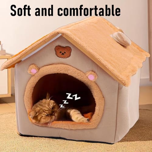 Cat Bed, All Season Comfort Removable Washable Cushion Foldable Cat Cave Bed, Indoor House with Anti Slip Base Chew Proof Design and Oxford Fabric for Cats and Dogs (Yellow)