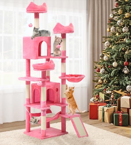 YITAHOME Tall Cat Tree for Indoor Cats, 75 inch Multi-Level Cat Tower with Cat Condos, Top Perches, Sisal Ramp Scratching Posts, Cozy Basket, Hammocks, Large Cat Pet Activity Structure,Pink - color: Pink, size: 75 inches