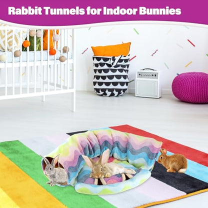 BWOGUE Bunny Tunnel Bed, 2-in-1 Collapsible Tunnel Tubes Toys with Removable Mat Hideout for Cats Kittens Rabbits Guinea Pigs Kitty - color: Rainbow