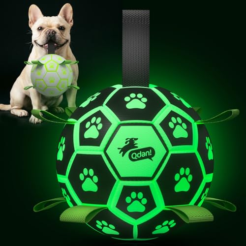 QDAN Glow in The Dark Dog Toys Soccer Ball with Straps, Outdoor Interactive Dog Toys Puppy Birthday Gifts, Dog Tug Water Toy, Light Up Dog Balls for Small & Medium Dogs（6 Inch Size 2） - color: Glow in the Dark, size: 6 Inch