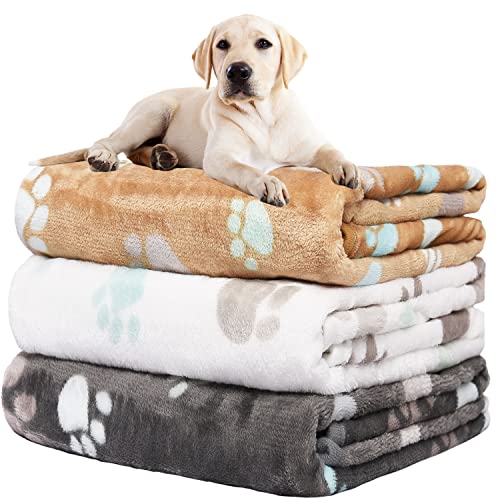 Rezutan Dog Blanket for Large Dogs, Upgraded 3 Pack Dog Cat Flannel Blankets Washable, Soft Pet Mat Throw Cover Suitable for Kennel Crate Bed, Cute Paw Pattern, Grey/Brown/White, 31" x 41" - color: Grey/Brown/White, size: Large,41x31inch