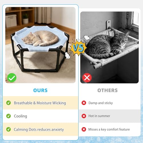 Elevated Cat Cooling Hammock Bed, Hexagonal Raised Cat Cot with Breathable Ice Beanie Fabric and Anti Slip Block, Cooling Pad Mat Indoor Outdoor Stable Pet Swing Bed for Small Puppy, Blue - color: Blue
