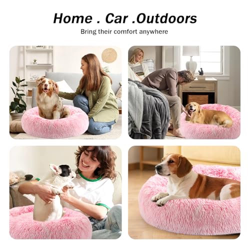 Calming Donut Dog Bed for Small to Medium Dogs & Cats - Plush Faux Fur Anti-Anxiety Pet Bed with Machine Washable Cover & Non-Slip Base - color: Gradient Pink, size: Small 19.6''