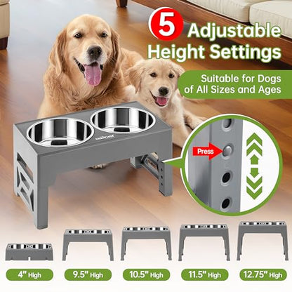 EliteField Elevated Dog Bowls (2-Year Warranty), Two 58 oz Stainless Steel Food Bowls, 5 Adjustable Raised Heights (4", 9.5", 10.5", 11.5", 12.75") Suitable for Dogs of All Ages, Small to Large Sizes - color: Gray, size: 2 Stainless Steel Bowls
