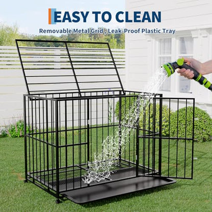 Heavy Duty 48 Inch Dog Crate for Large Sized Dogs, Indestructible Stainless Steel Escape Proof Dog Kennel Indoor with Lockable Wheels and Removable Tray, Stackable Dog Cage for High Anxiety Dogs - size: 48 inch