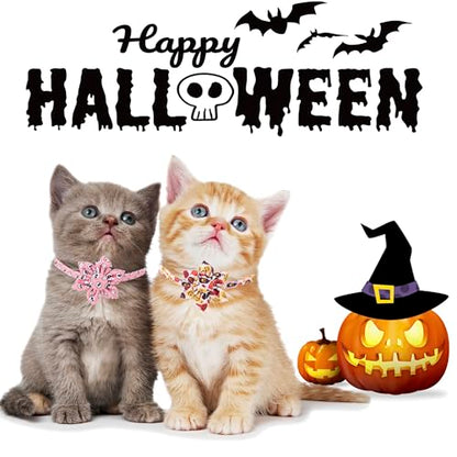 ADOGGYGO Halloween Cat Collar with Floral, 2 Pack Halloween Kitten Flower Collar, Pink Ghost Pumpkin Collars for Cats Kittens - color: Halloween