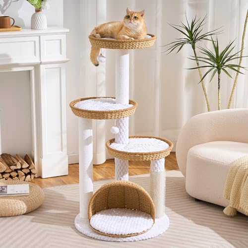 HITTITE Modern Cat Tree Tower with Scratching Post, 46 Inches Tall Cat Towers with Woven Cat Nests and Cave, Multi-Level Cat Tree With Removable Cushions and Massage Brush for Indoor Cats Large Adult. - color: Nature, size: 46in