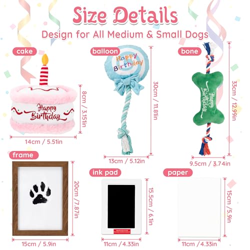 LECHONG 7Pcs Dog Birthday Toys Gifts, No-Mess Paw Print Keepsake Kit with Squeaky Dog Cake Toy, Plush Crinkle Toy, Pet-Safe Ink Pad & Photo Frame for Small Medium Dogs - style: Dog Birthday Toys