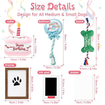 LECHONG 7Pcs Dog Birthday Toys Gifts, No-Mess Paw Print Keepsake Kit with Squeaky Dog Cake Toy, Plush Crinkle Toy, Pet-Safe Ink Pad & Photo Frame for Small Medium Dogs - style: Dog Birthday Toys