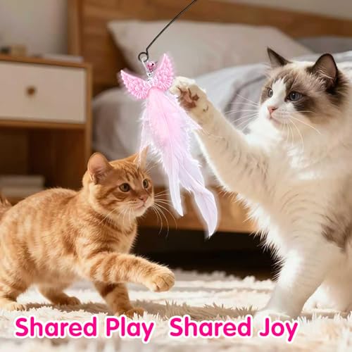 Walfront Interactive Cat Toy Wand — Yellow & Pink Wing Tassel Teaser with Replaceable Natural Heads, Flexible Steel Rod, Indoor Cat Toy for Multi-Cat Homes, Kittens & Adult Cats, Play & Stress Relief