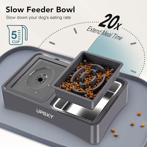 UPSKY 3-in-1 Elevated Dog Bowls with Mat, Large 24 x 16 Inches, 4 Height Adjustable Stand with Slow Feeder, Stainless Steel Bowl for Small to Medium Dogs, Grey - color: N-3 in 1 with Mat (Grey)