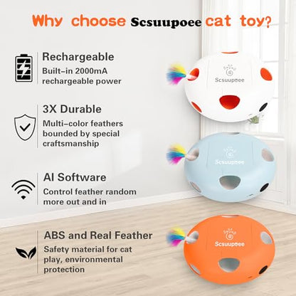 Cat Toys, Rechargeable Interactive Cat Toy, Smart Sensor Pop-Up Feather Toy with 7 Holes, USB Powered Automatic Kitten Toy for Indoor Cats, Blue - color: blue