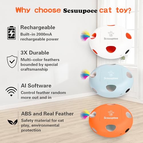 Cat Toys, Rechargeable Interactive Cat Toy, Smart Sensor Pop-Up Feather Toy with 7 Holes, USB Powered Automatic Kitten Toy for Indoor Cats, White - color: white