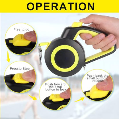 enrgticdg Retractable Dog Leash,Night Reflection,Light Weight Leash for Small to Medium Dogs/Cats,Stainless Steel Spring,Strong Nylon Tape, One-Handed Brake (Black-Yellow) - color: Black-Yellow