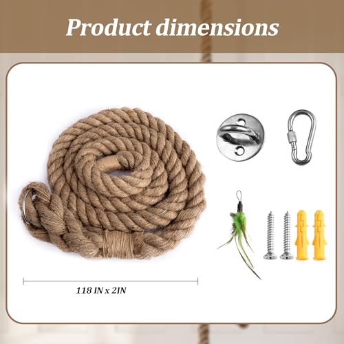 2" x 9.84Ft Cat Climbing Rope with Hook for Ceiling & Wall Mounted, Natural Sisal Rope for Cat Scratcher with Feather Toy for Indoor/Outdoor Cats, Durable Cat Tree Replacement Rope