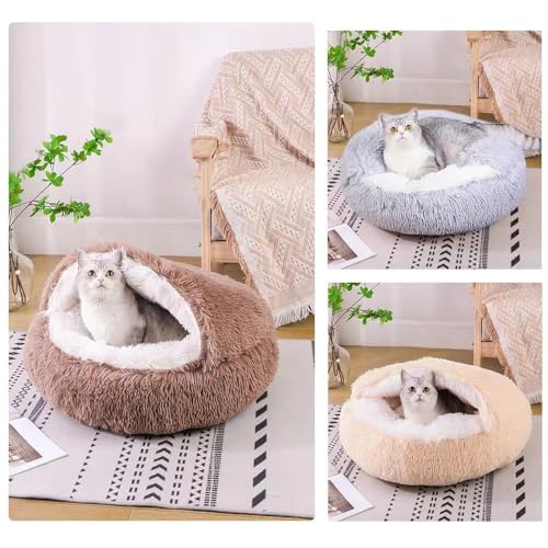 Cat Bed Round Fluffy Hooded Cat Bed Cave, Anti-Anxiety Cave Bed with Hooded Blanket, Cozy Cuddler Luxury Puppy Pet Bed, Anti-Slip Bottom and Machine Washable (Brown, Medium) - color: Brown, size: Medium