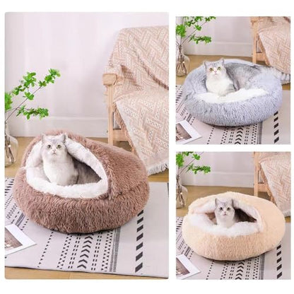Cat Bed Round Fluffy Hooded Cat Bed Cave, Anti-Anxiety Cave Bed with Hooded Blanket, Cozy Cuddler Luxury Puppy Pet Bed, Anti-Slip Bottom and Machine Washable (Brown, Medium) - color: Brown, size: Medium