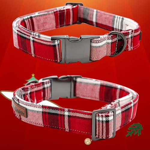 Dog Collar, Christmas Plaid Pet Collars with Flower Holiday Girl Boy Puppy Collar Adjustable Pet Collar for X-Small Dogs - color: Red Plaid, size: X-Small (Pack of 1)