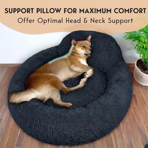 PetJett Calming Dog Bed Medium Size Dog - 30'' Donut Bed, Washable Dog Bed, Anti-Slip & Super Soft Fluffy Plush Round Dog Bed, Anti-Anxiety Premium Comfort Pet Bed, Fits Dogs Upto 45 lbs - Dark Grey - color: Dark Gray, size: Medium - 30”L x 30”W x 8”Th