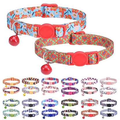 Breakaway Cat Collars for Girl Boy Cats, Fall Winter All Weather Cat Collar Personalized Pattern 2 Pack,Cute Classic Safety Buckles and Bells,Adjustable Printed Nylon Colorful Red - color: Floral Cluster