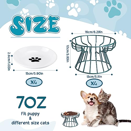 Roshtia 4 Sets Elevated Cat Bowls Ceramic Raised Cat Food Bowls with Metal Stand Dishwasher Safe Dishes Non Slip Elevated Food Plate(Green,Paw) - color: Green