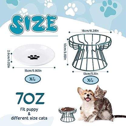 Roshtia 4 Sets Elevated Cat Bowls Ceramic Raised Cat Food Bowls with Metal Stand Dishwasher Safe Dishes Non Slip Elevated Food Plate(Green,Paw) - color: Green