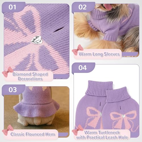 Bowknot Dog Sweater Dress for Small Dogs Girl, Stretchy Pet Sweaters Pullover Coats, Fall Winter Warm Dog Turtleneck Sweater (Purple, M) - color: Purple, size: Medium (9-15lbs)