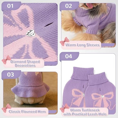 Bowknot Dog Sweater Dress for Small Dogs Girl, Stretchy Pet Sweaters Pullover Coats, Fall Winter Warm Dog Turtleneck Sweater (Purple, M) - color: Purple, size: Medium (9-15lbs)