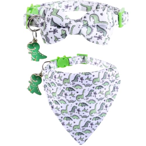 Cat Collar Breakaway with Cute Bow Tie Bandana and Bell Dinosaur Accessories for Kitty Adjustable Safety - color: dinosaur