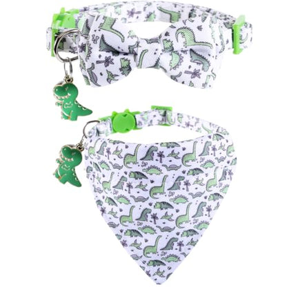 Cat Collar Breakaway with Cute Bow Tie Bandana and Bell Dinosaur Accessories for Kitty Adjustable Safety - color: dinosaur