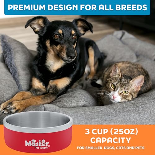 Master Pet Supply Stainless Steel Dog Bowls - 25 oz, Heavy Duty - Crimson Flame, Double Wall Extra-Thick Insulated, Non-Slip Pet Water Bowl for Dogs, Cats & Pets, Anti Rust Metal, Dish Washer Safe - color: Crimson Flame, size: 3 Cups (25 oz)
